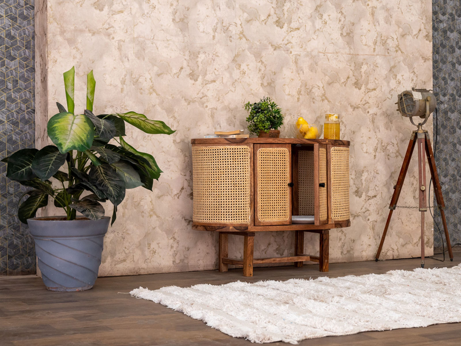 Duraster New York Modern Sheesham Wood Rattan Cabinet #5 - Image 3
