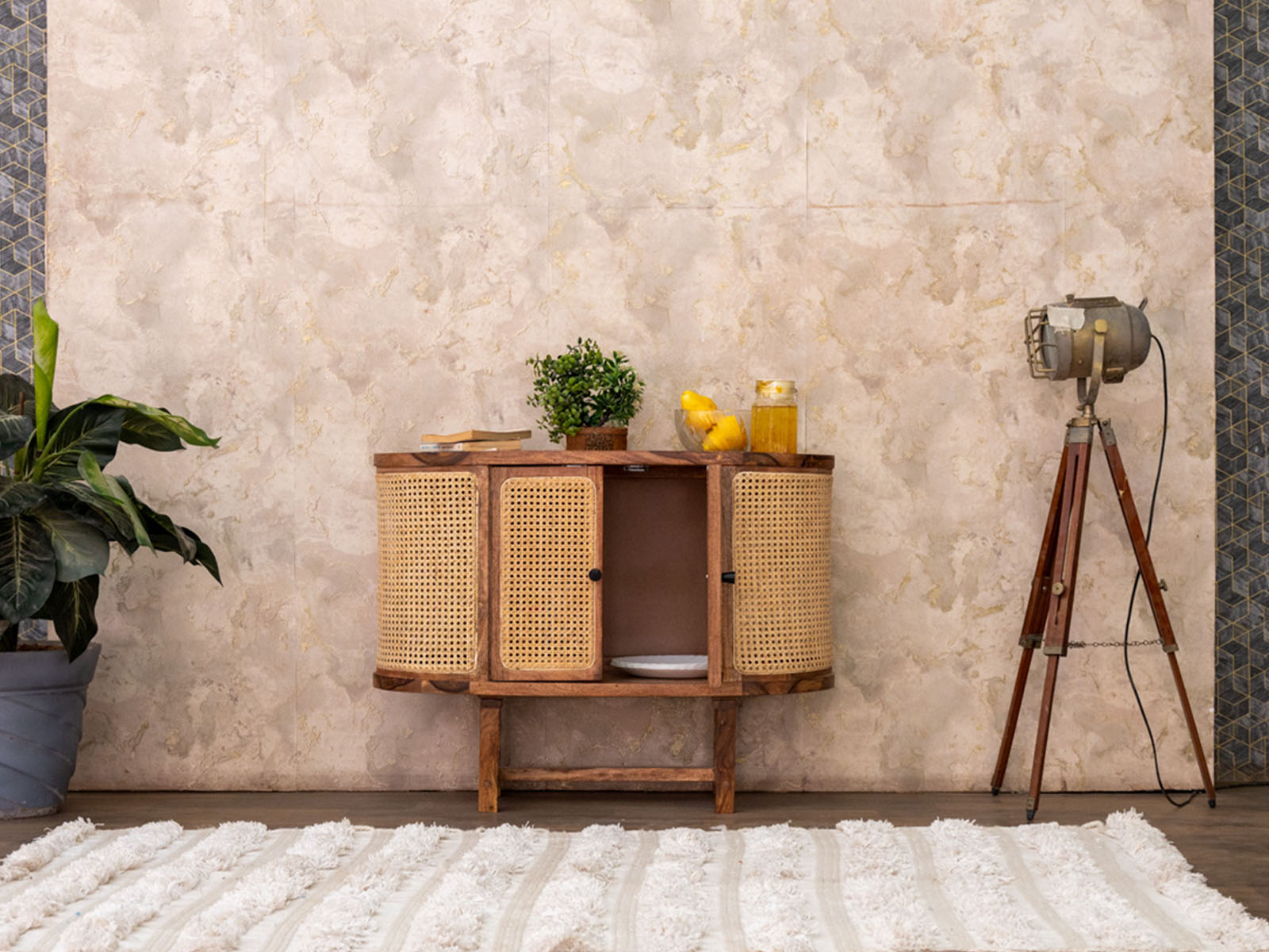 Duraster New York Modern Sheesham Wood Rattan Cabinet #5 - Image 2