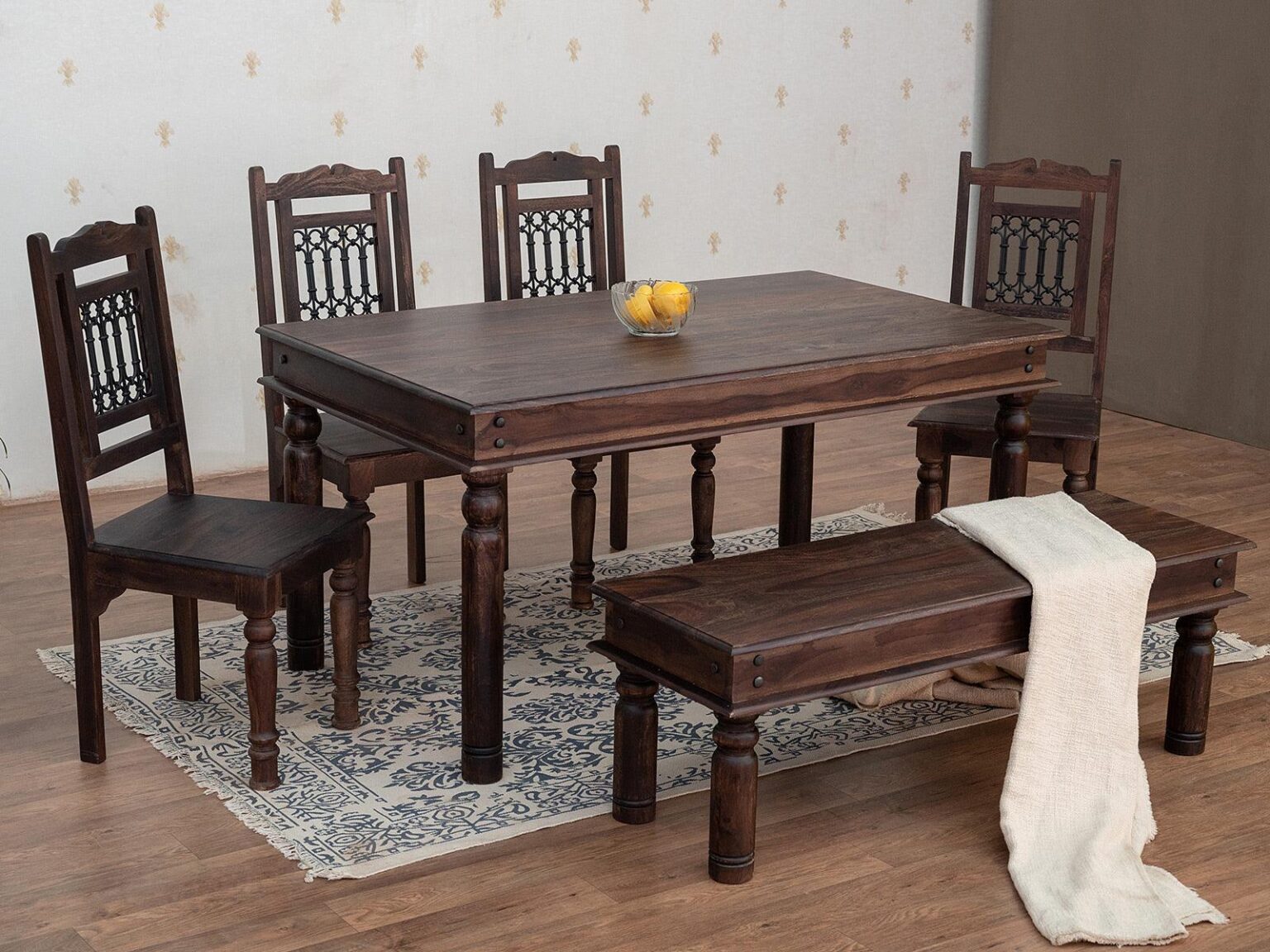 Gangaur Traditional Sheesham Dining Set with Chairs and Bench  #4 - Duraster