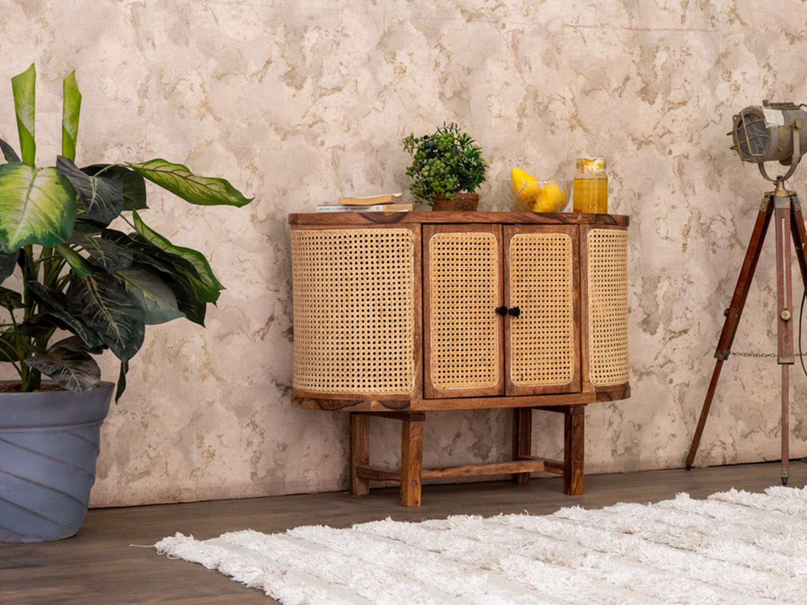 Duraster New York Modern Sheesham Wood Rattan Cabinet #5 - Image 4