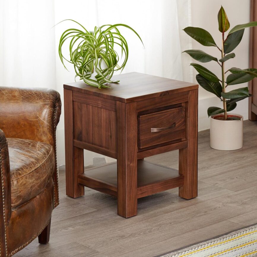 Marwar Sheesham Wood Walnut One Drawer Lamp Table Cum Bed - Duraster