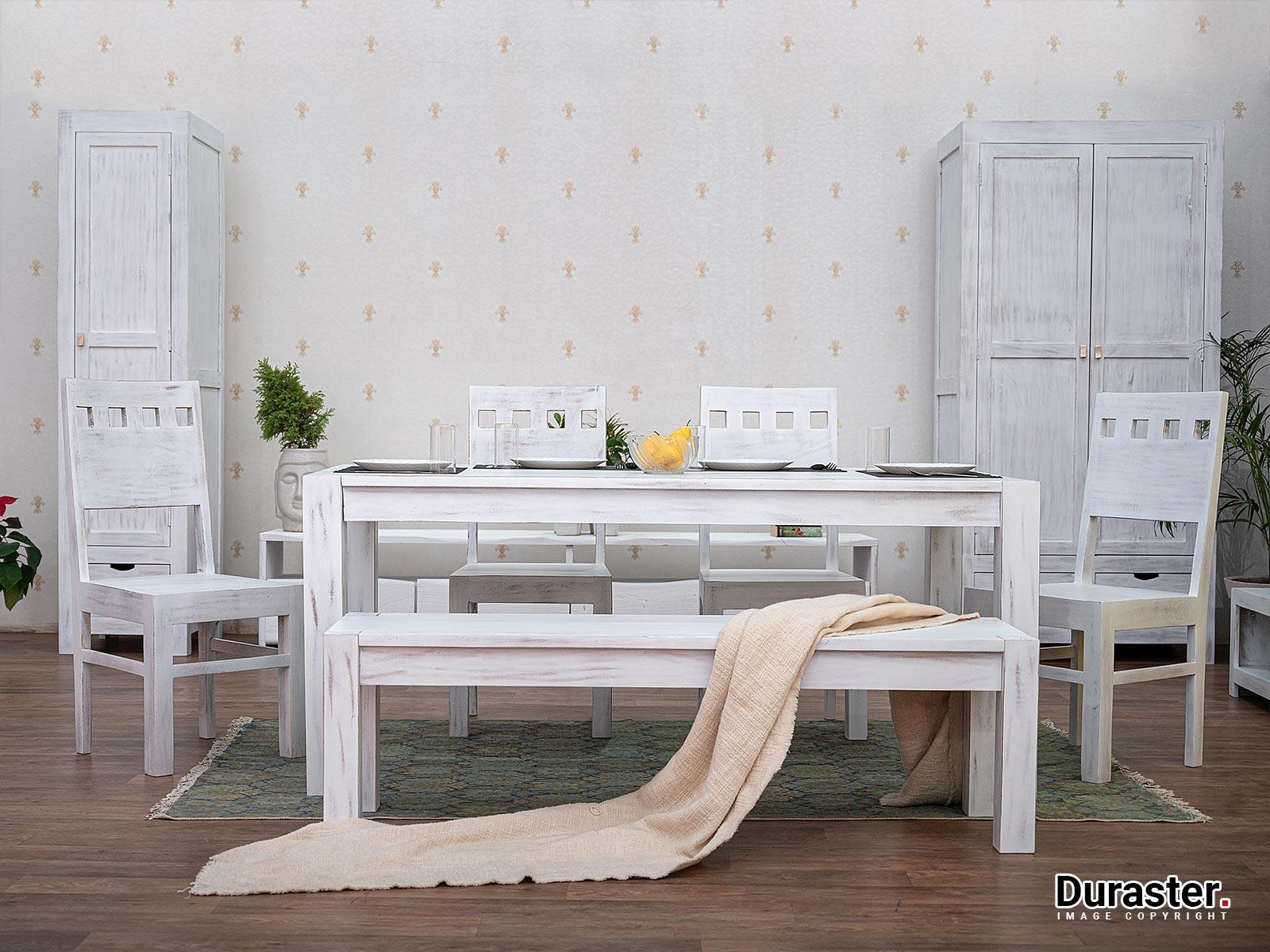 Novo Distressed Acacia White Dining Set with Chairs (4, 6 & 8 Seater) - Duraster