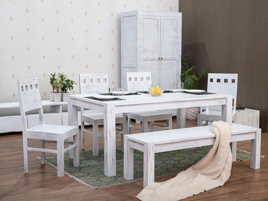 Novo Distressed Acacia White Dining Set with Chairs (4, 6 & 8 Seater) - Duraster