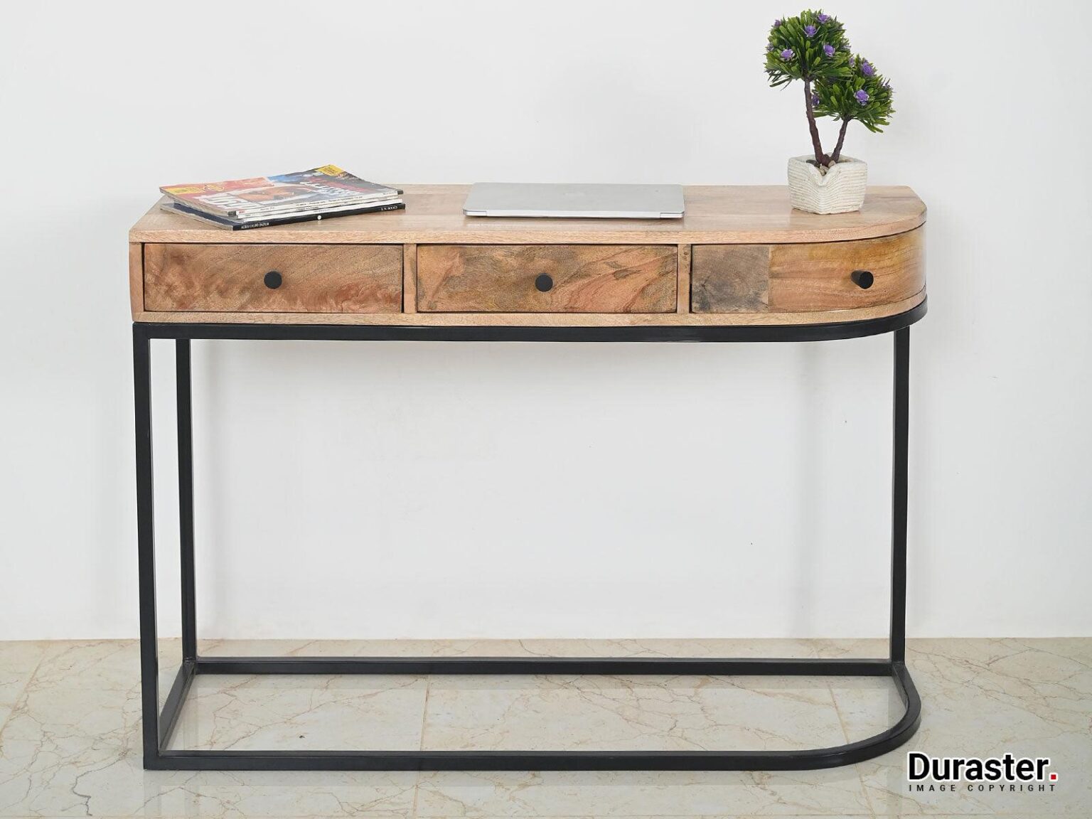 Verge Solid Mango wood 3 Drawer Iron Frame Console Table - Duraster