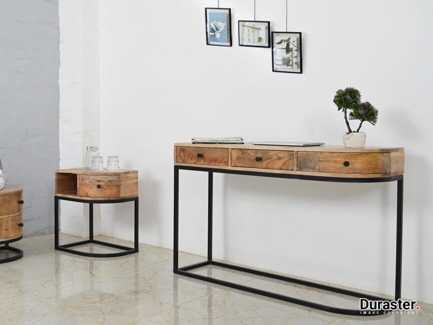 Verge Solid Mango wood 3 Drawer Iron Frame Console Table - Duraster
