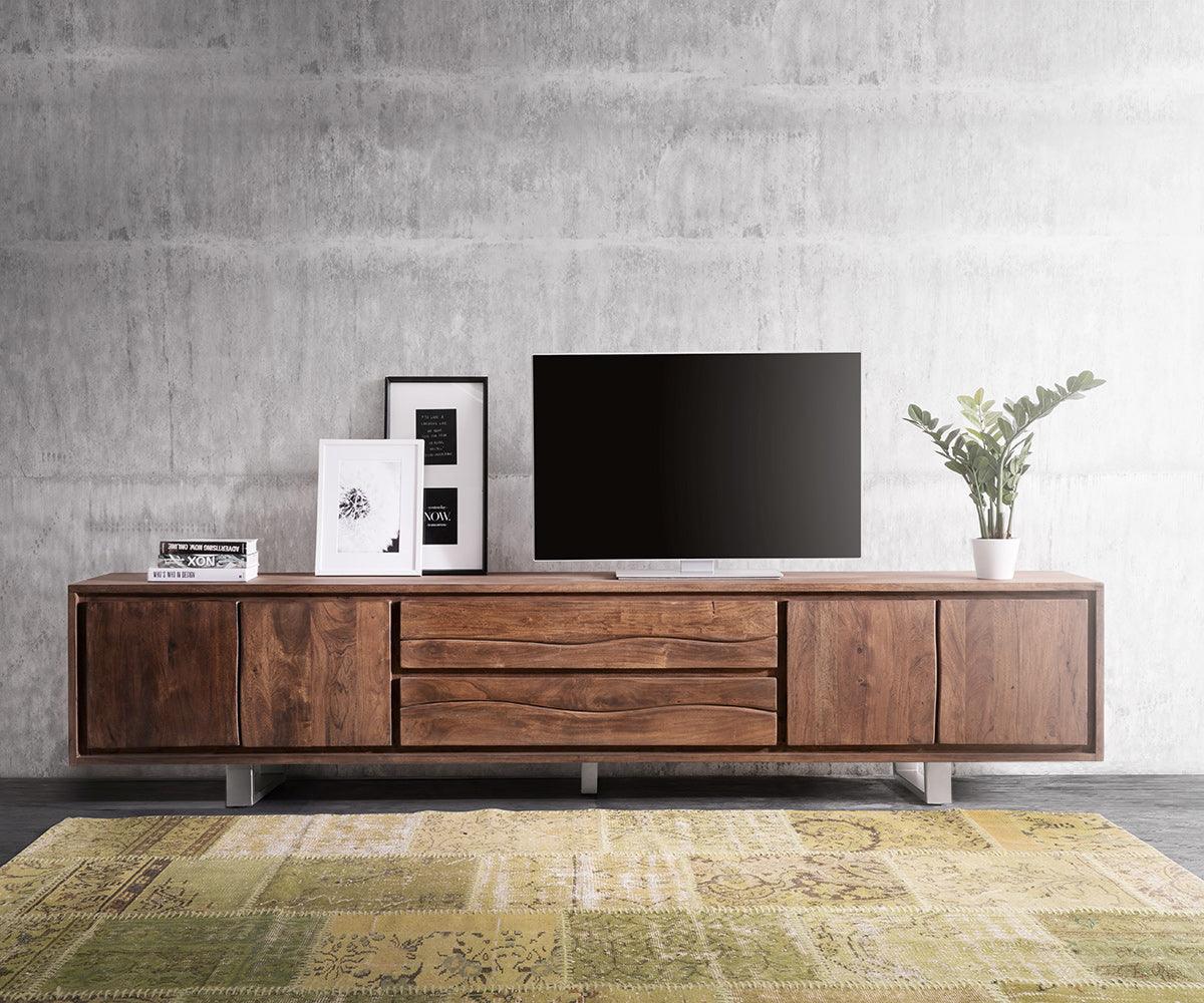 Massiv TV stand Live-Edge acacia brown 300 cm 4 doors 2 drawers tree edge lowboard #15 - Duraster