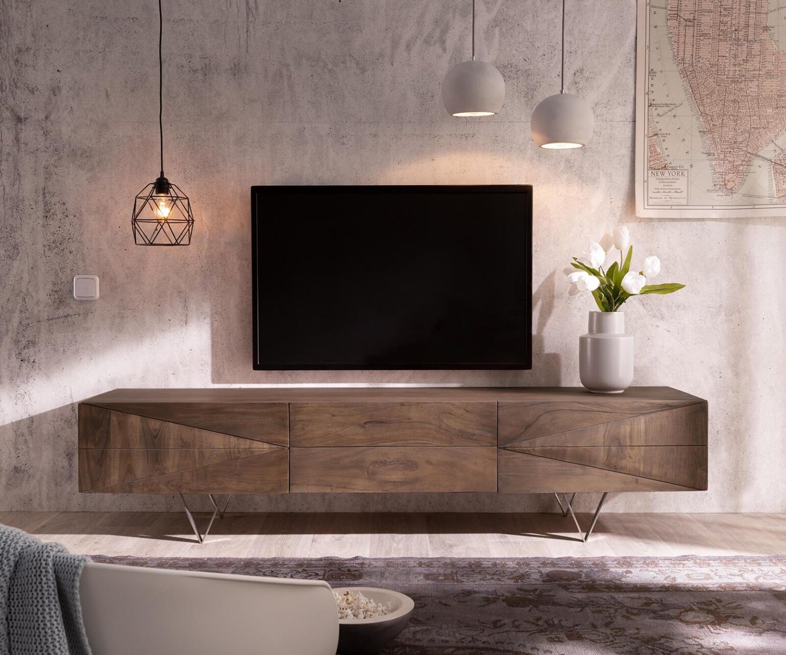 Massiv TV stand Wyatt acacia brown 175 cm 2 doors 1 flap design lowboard #2 - Duraster