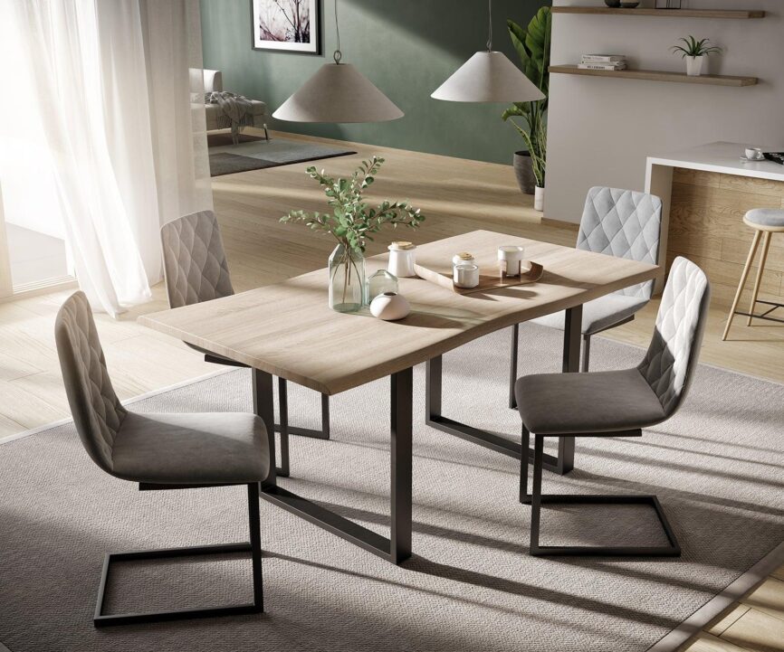 MobelMassev Dining set Adesso oak look 140x90 skid tree edge + 4 chairs light gray velvet#8 - Duraster
