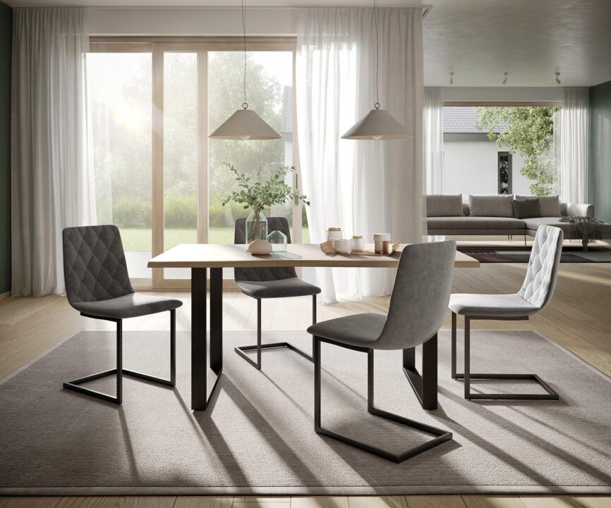 MobelMassev Dining set Adesso oak look 140x90 skid tree edge + 4 chairs light gray velvet#8 - Duraster