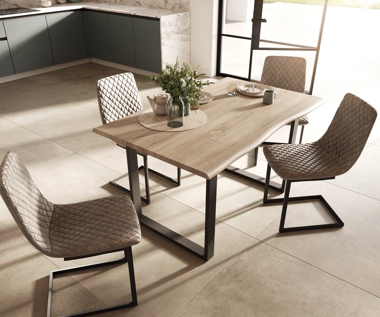 MobelMassev Dining set Adesso oak look 140x90 skid tree edge + 4 chairs taupe vintage #4 - Duraster