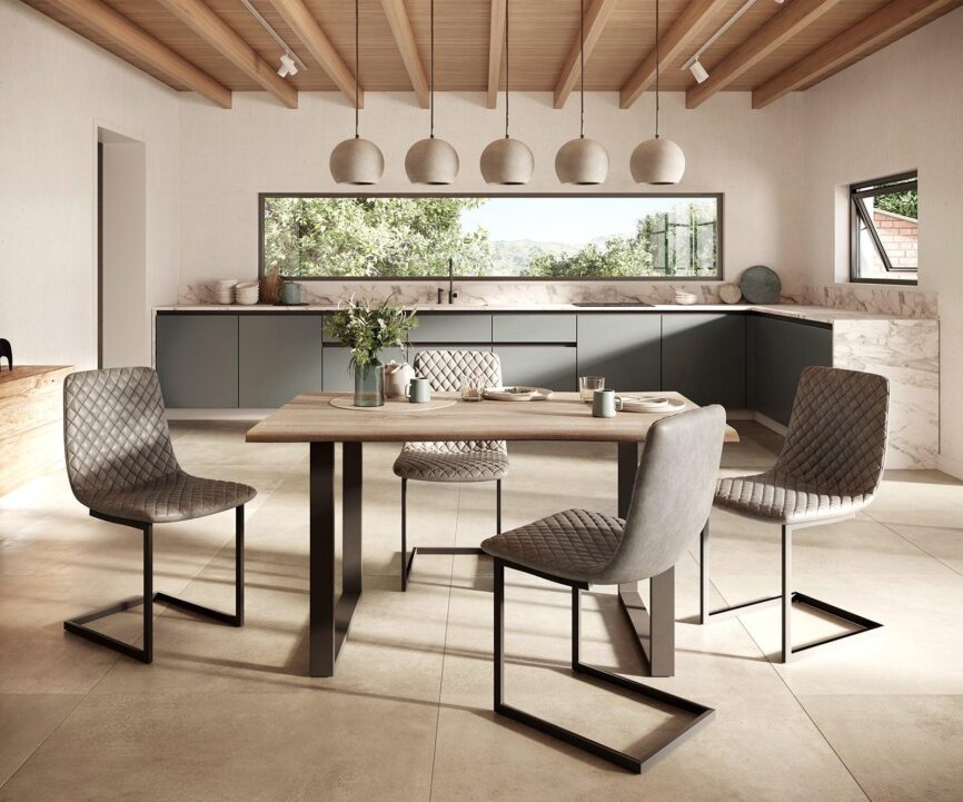 MobelMassev Dining set Adesso oak look 140x90 skid tree edge + 4 chairs taupe vintage #4 - Duraster