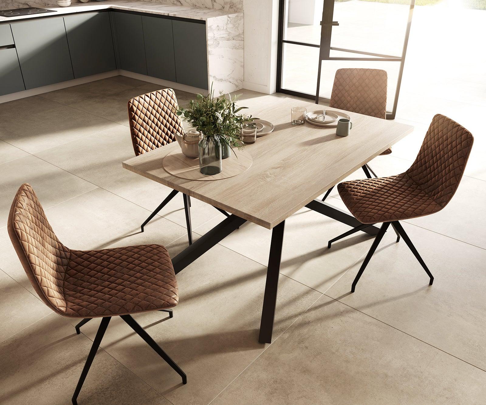 MobelMassev Dining set Adesso oak look 140x90 central leg + 4 chairs brown vintage#9 - Duraster