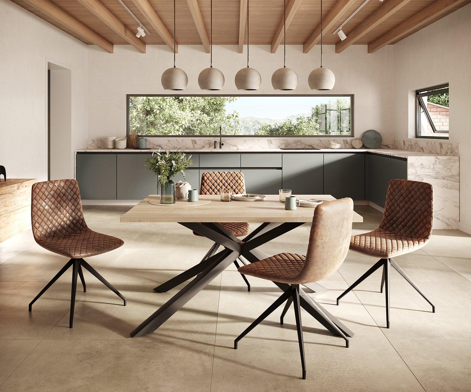 MobelMassev Dining set Adesso oak look 140x90 central leg + 4 chairs brown vintage#9 - Duraster