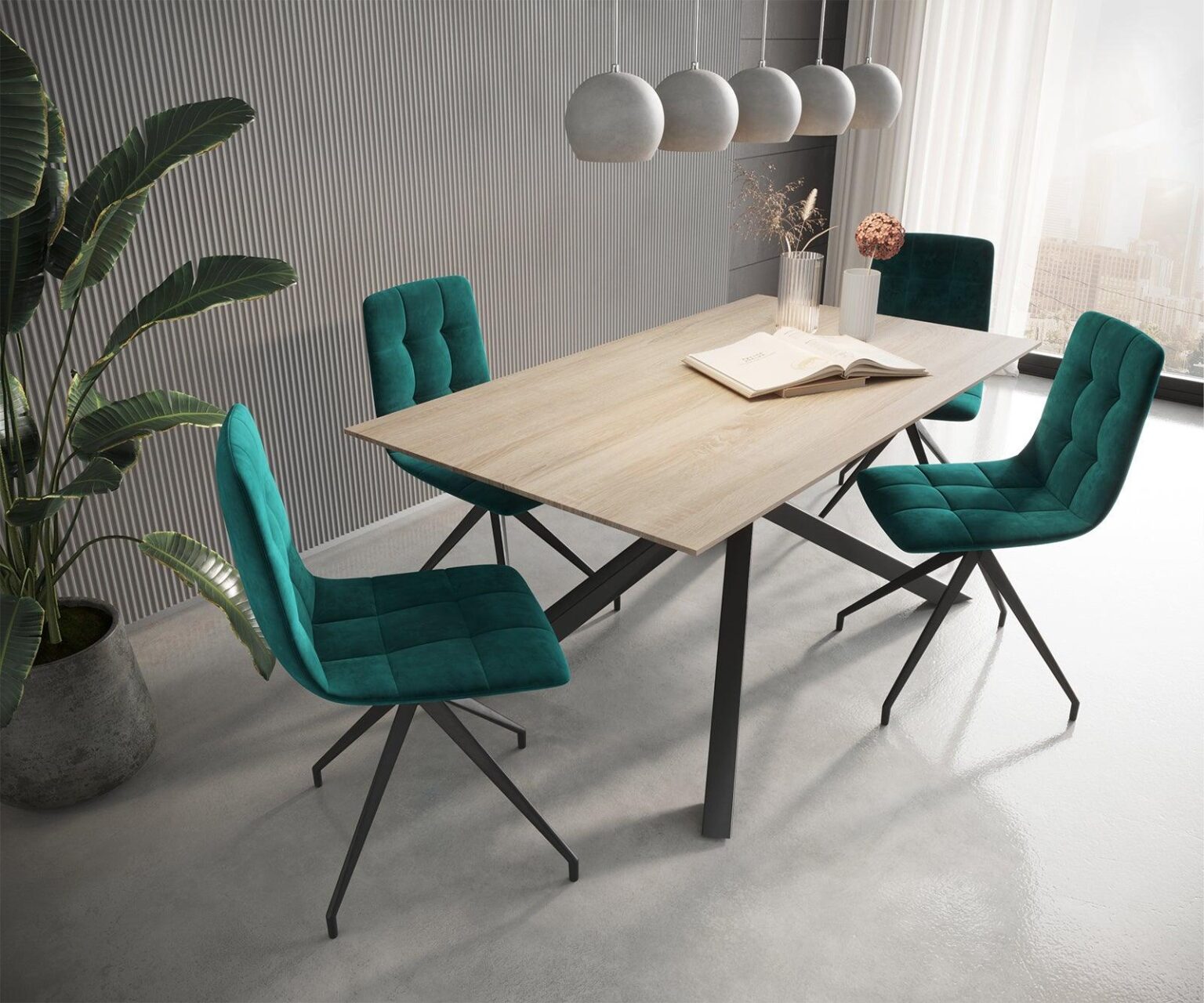 MobelMassev Dining set Adesso oak look 140x90 central leg Swiss edge + 4 chairs petrol velvet #5 - Duraster