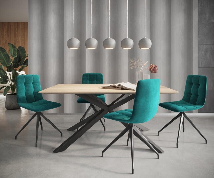 MobelMassev Dining set Adesso oak look 140x90 central leg Swiss edge + 4 chairs petrol velvet #5 - Duraster