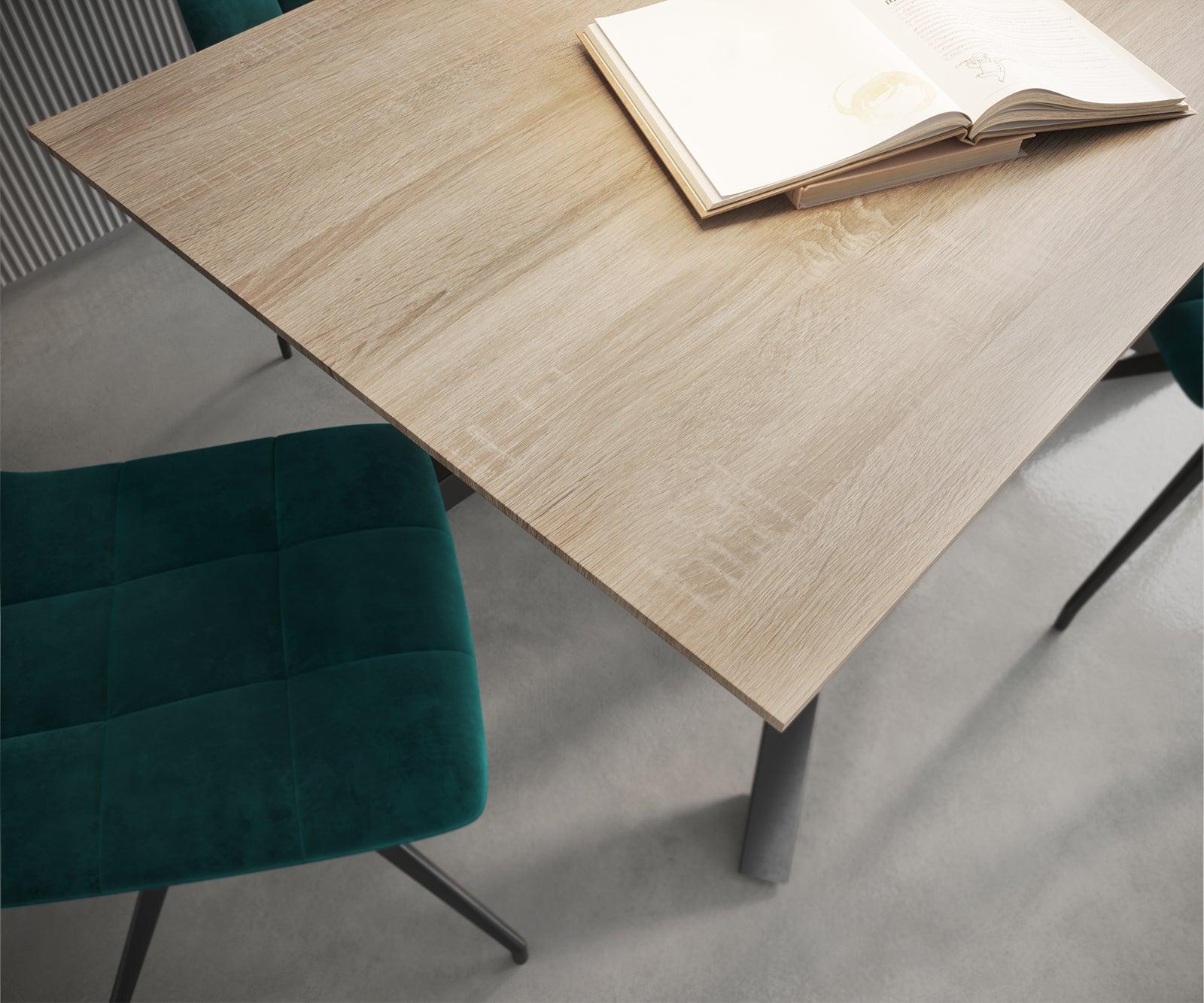 MobelMassev Dining set Adesso oak look 140x90 central leg Swiss edge + 4 chairs petrol velvet #5 - Duraster
