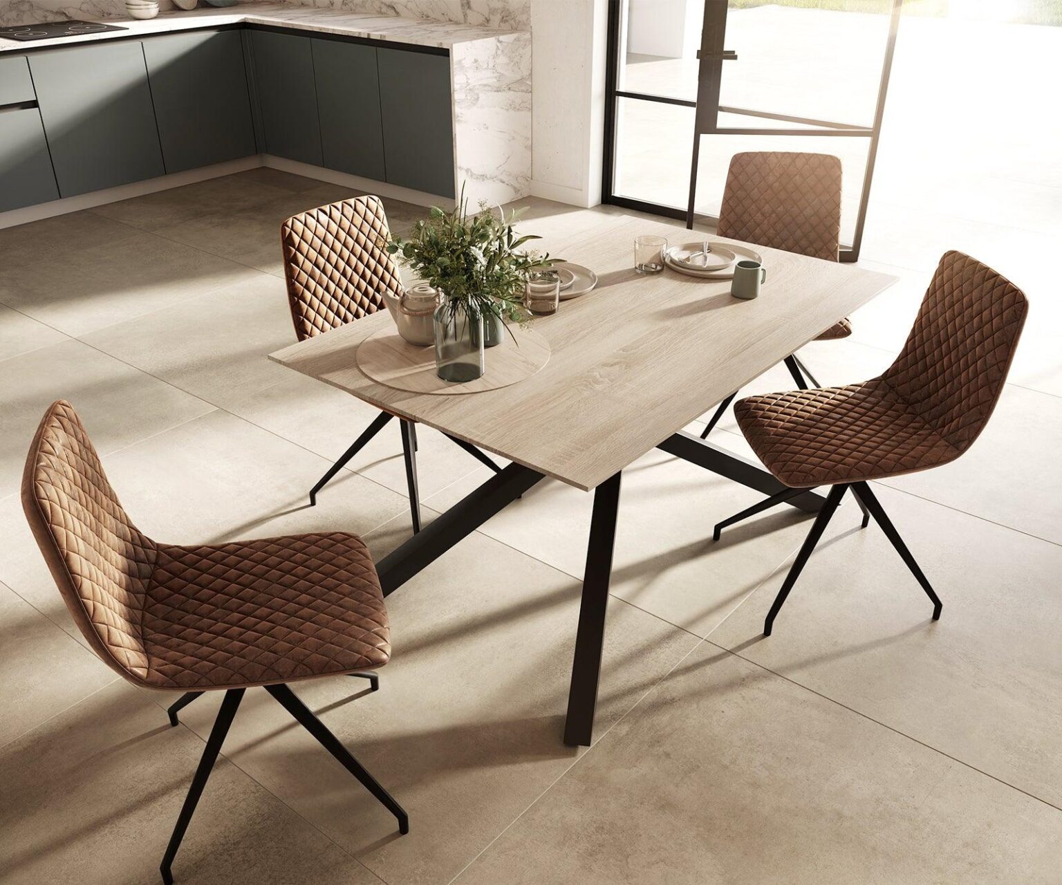 MobelMassevDining set Adesso oak look 140x90 central leg Swiss edge + 4 chairs Brown Vintage #6 - Duraster