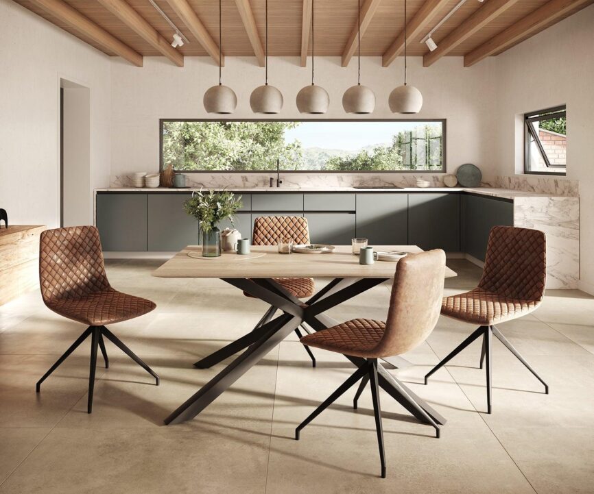 MobelMassevDining set Adesso oak look 140x90 central leg Swiss edge + 4 chairs Brown Vintage #6 - Duraster