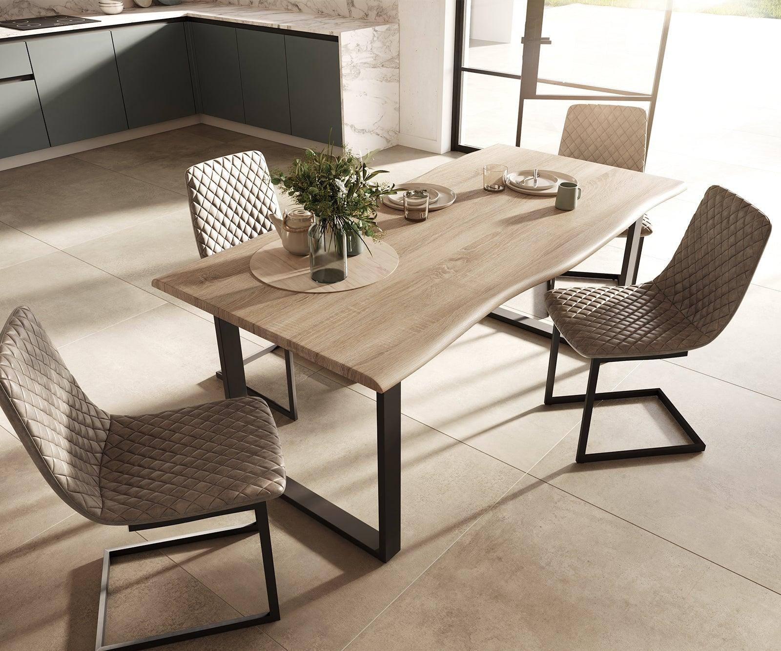 MobelMassev Dining set Adesso oak look 180x90 skid tree edge + 4 chairs taupe vintage #7 - Duraster