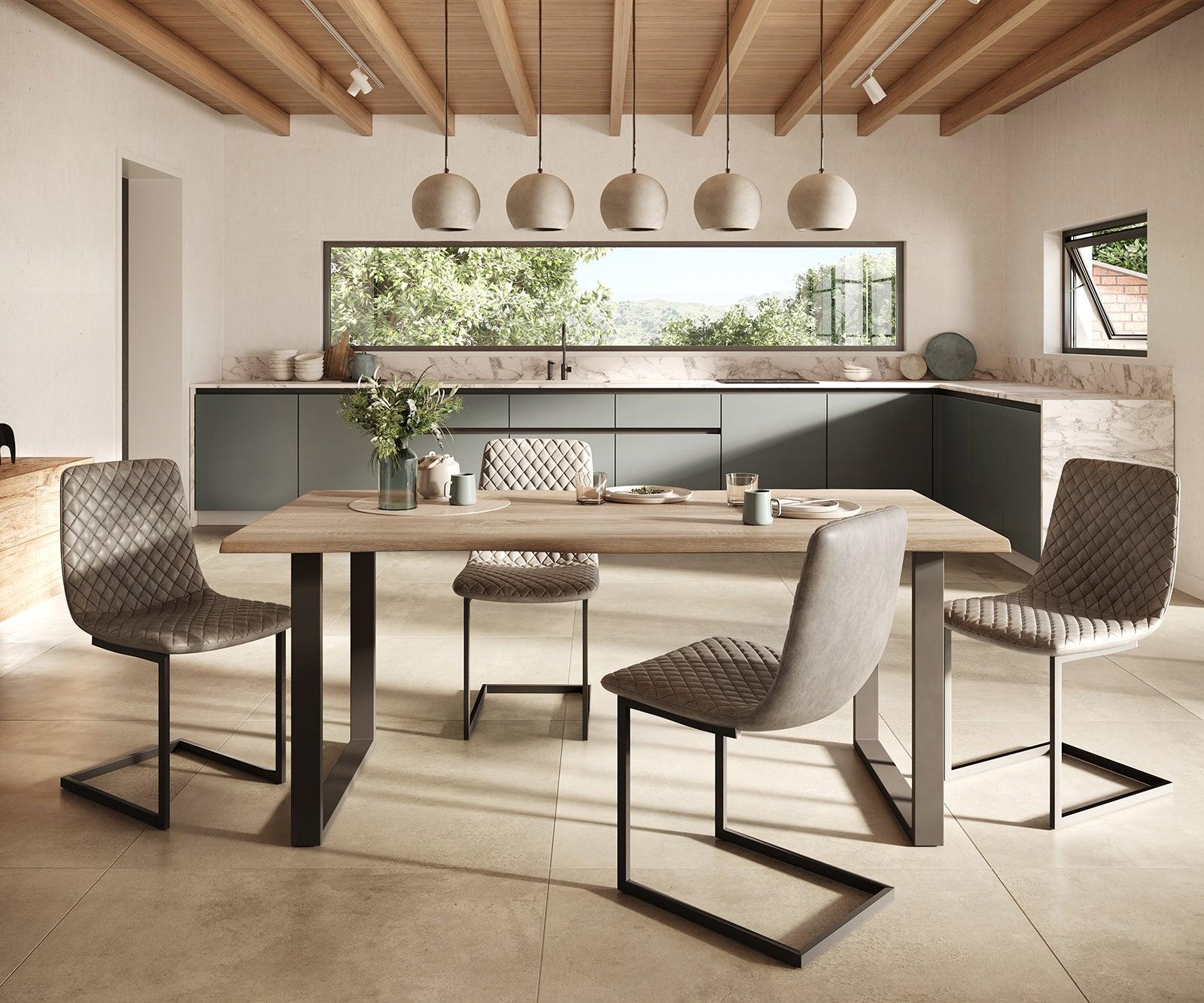 MobelMassev Dining set Adesso oak look 180x90 skid tree edge + 4 chairs taupe vintage #7 - Duraster