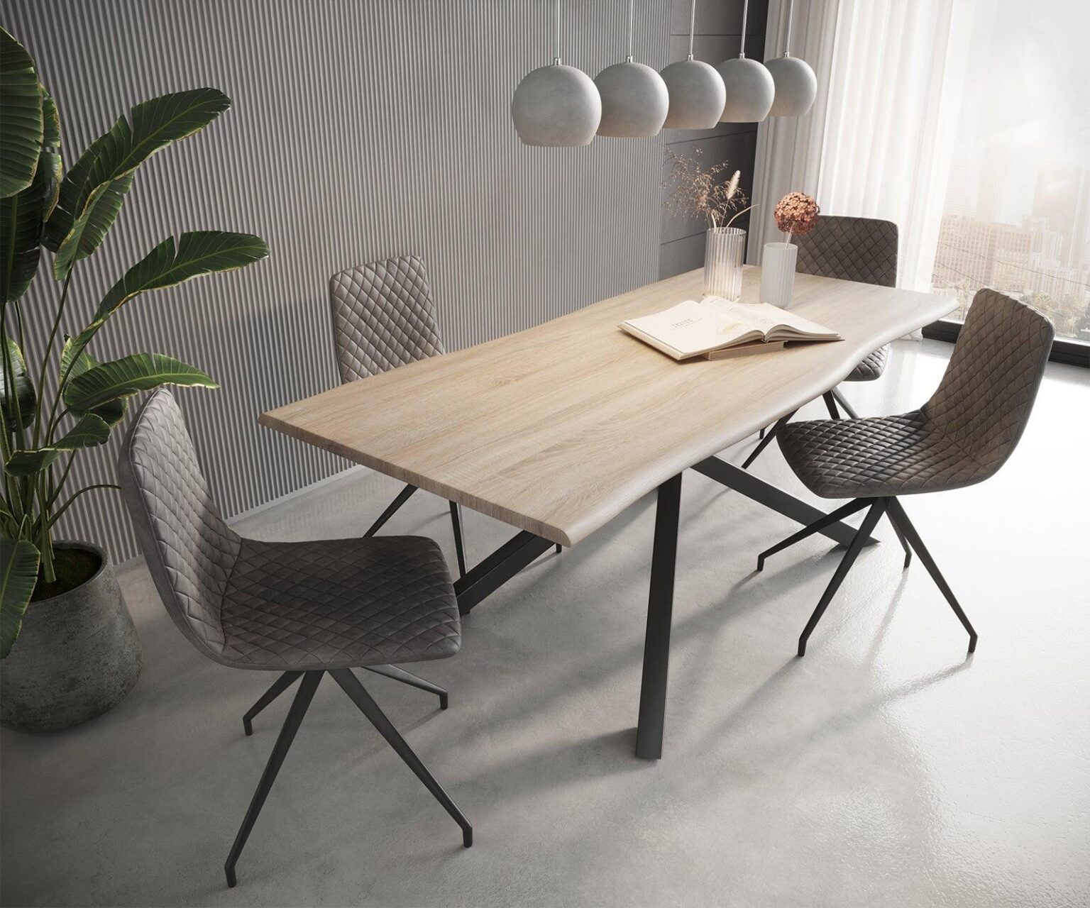 MobelMassev Dining set Adesso oak look 180x90 central leg tree edge + 4 chairs anthracite vintage#10 - Duraster