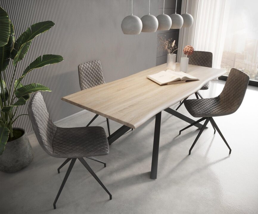 MobelMassev Dining set Adesso oak look 180x90 central leg tree edge + 4 chairs anthracite vintage#10 - Duraster
