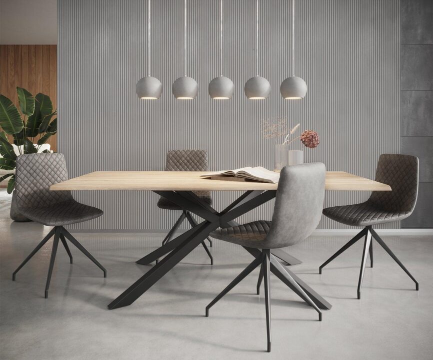 MobelMassev Dining set Adesso oak look 180x90 central leg tree edge + 4 chairs anthracite vintage#10 - Duraster