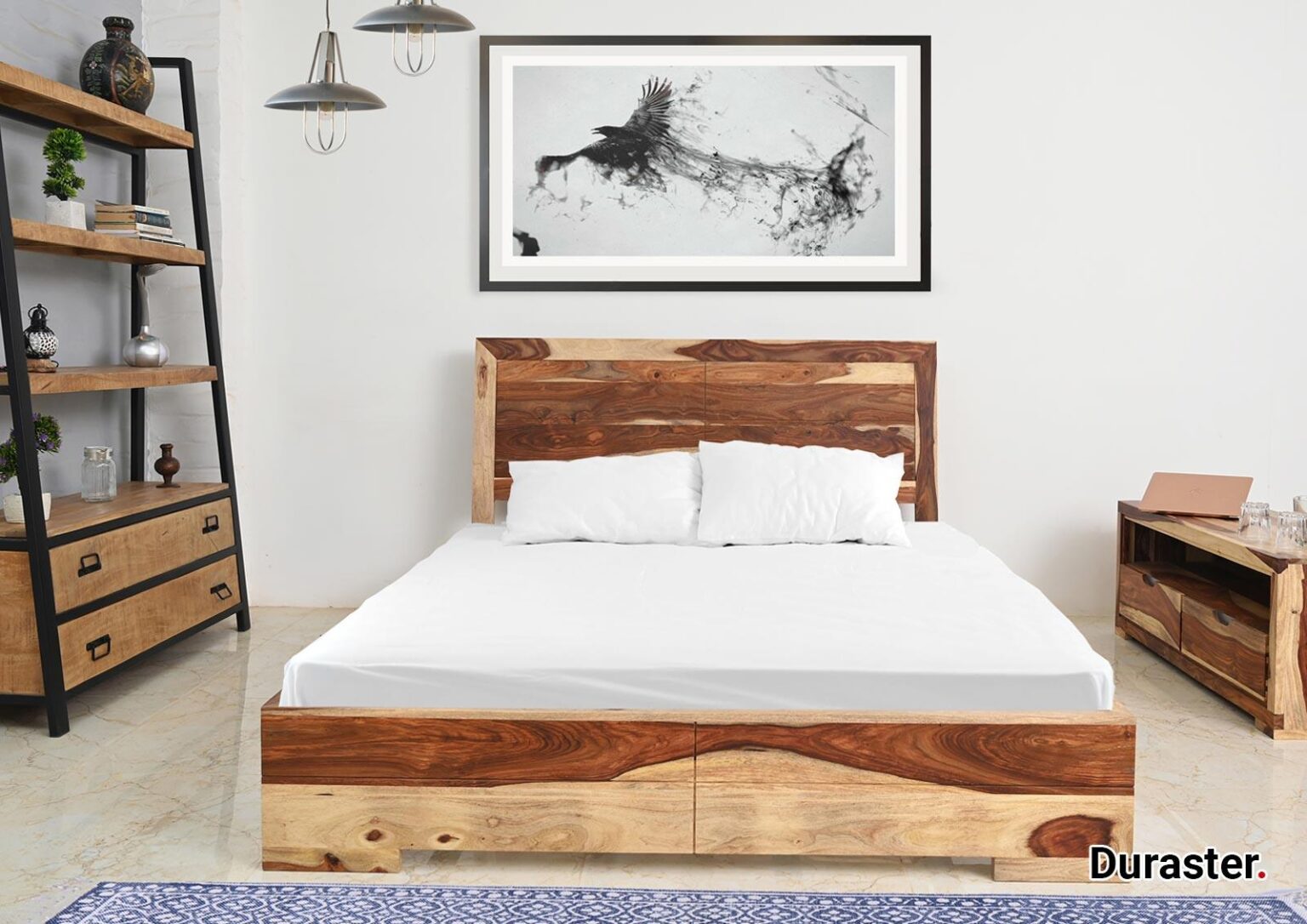 Sheesham Light Finish Wood Bed - Duraster