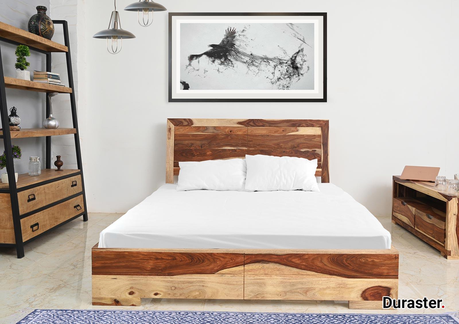 Sheesham Light Finish Wood Bed - Duraster