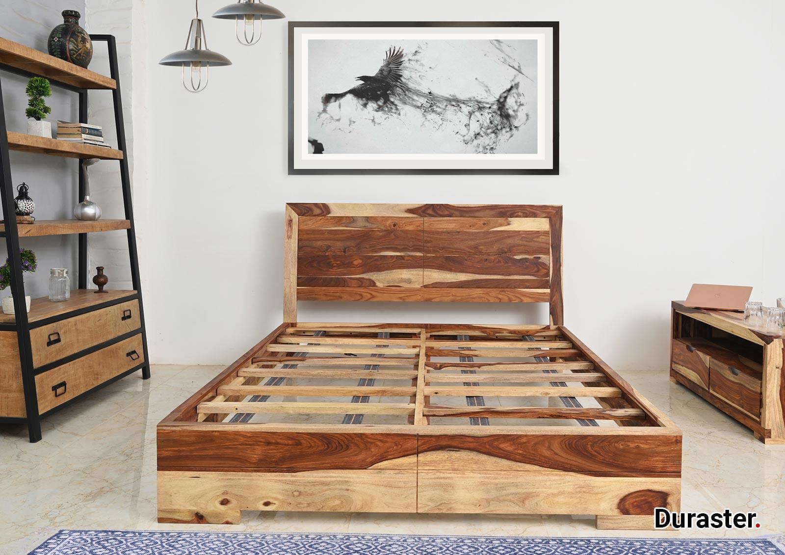 Sheesham Light Finish Wood Bed - Duraster